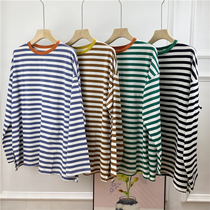 Contrast collar horizontal stripe T-shirt sea soul shirt long sleeve slimming college English wind long loose spring and autumn bottoming shirt tide