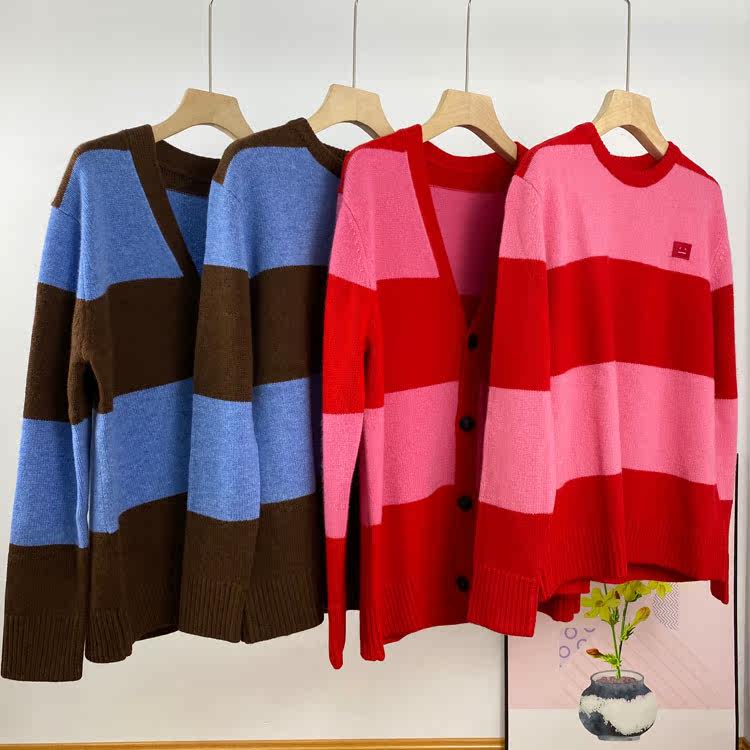 Smiley Face Sweater Autumn Winter New Thickened Collage Striped Long Sleeve Loose Wool Knit Cardiovert Knitwear