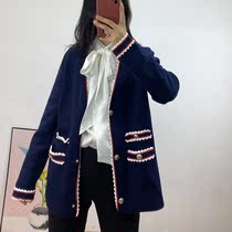  MJ2021 spring and summer new small fragrance contrast color V-neck knitted cardigan single-breasted loose college mesh trim M word