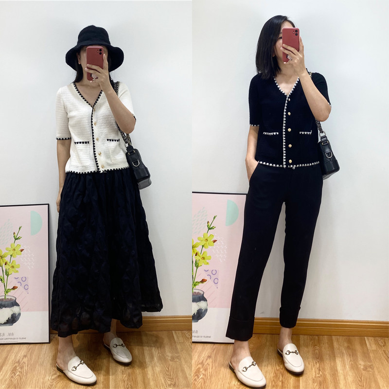 Early autumn new small balsamic wind V collar black and white Collision Color Hollowed-out Single Row Button 50% Short Sleeve 100 Pure Wool Needle Weaselcoat Jacket