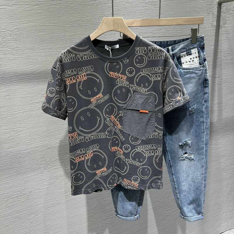 Summer Youth Tide Smilkface Specifications Pocket Short Sleeve T-shirt Men Leisure Print Fashion Half-sleeved Blade