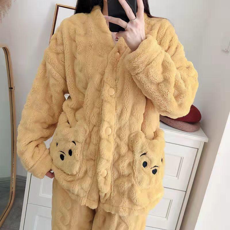 Coral Velvet Pajamas for Women in Autumn and Winter, Fleece-Lined and Thickened, Cute Couple Style, New Long-Sleeved Home Wear Set
