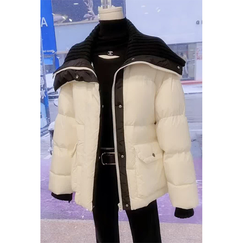 O Goods Design Sense Fashion Jacket Woman Winter New Temperament Brief not simple knit splicing Neckline Duvet Cotton Clothing-Taobao