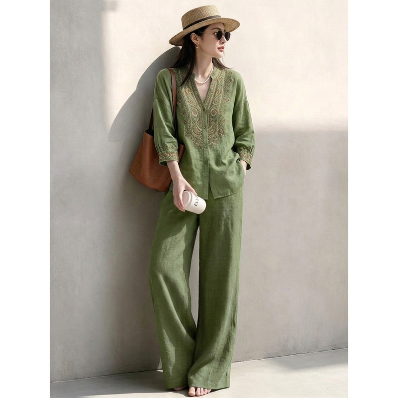 Old Money Style Green Suit for Women 2026 Early Autumn New Heavy Embroidery Vintage Linen Shirt Wide-Leg Pants Two-Piece Set Old Money Style Green Suit for Women 2026 Early Autumn New Heavy Embroidery Vintage Linen Shirt Wide-Leg Pants Two-Piece Set