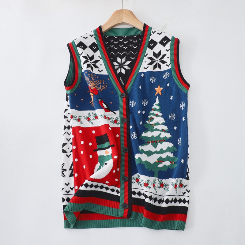 100% Cotton Export Surplus Autumn and Winter Color-Blocked Jacquard Plus-Size Festive Sleeveless Knitted Vest Mid-Length Christmas Outfit