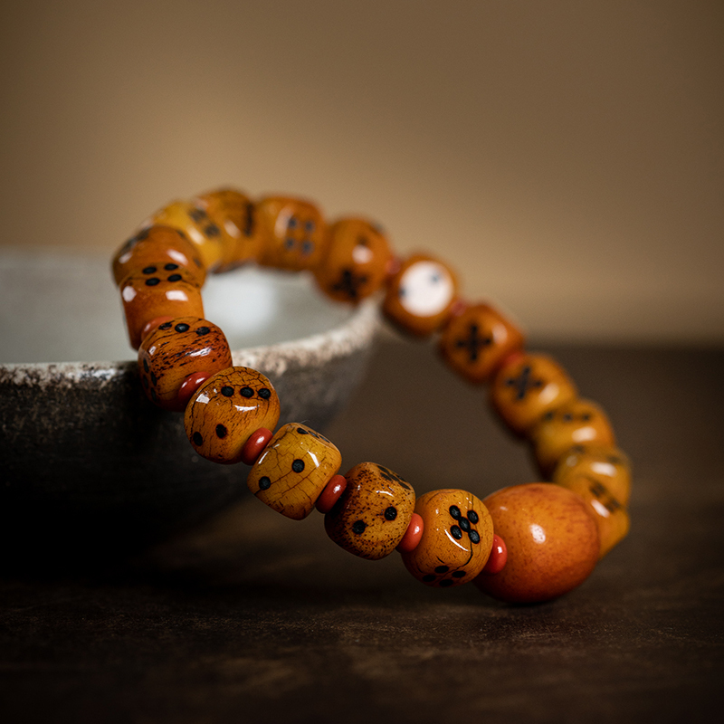 Natural Old Ox Bone Carved Dice Prayer Beads, Small Leaf Rosewood with the Character for Fortune, Blue Tiger Eye, Yak Bone Single-Circle Bracelet for Men and Women