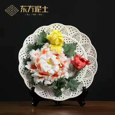 Ceramic handmade peony flower hanging plate art decoration New Chinese living room decoration craft gift decoration housewarming new home gift