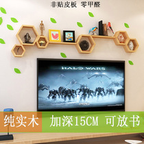  Solid wood wall shelf punch-free creative lattice living room TV background wall decoration rack wall-mounted wall partition