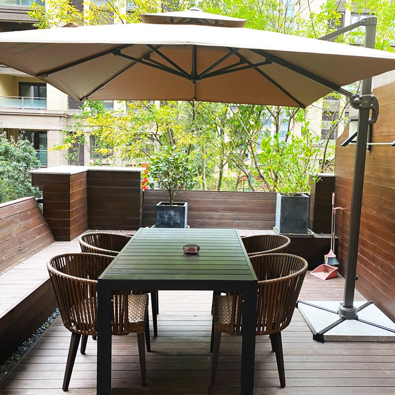 Outdoor table and chair courtyard open-air with umbrella leisure garden terrace outdoor rattan anti-corrosion plastic wood rattan chair tea table combination