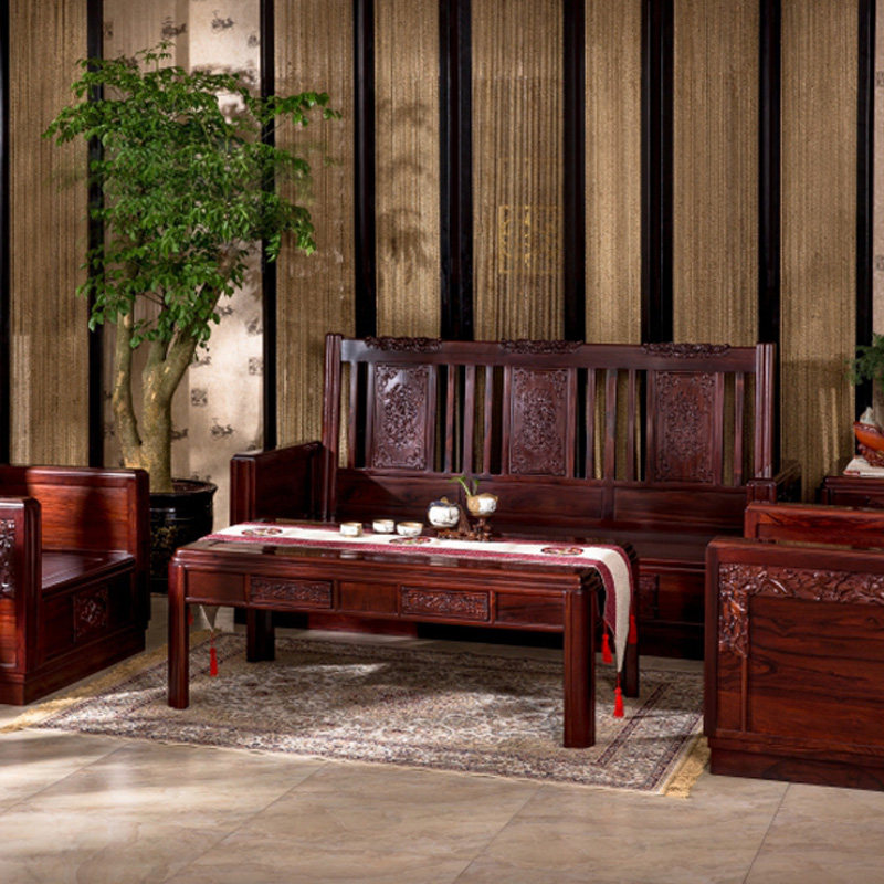 Ming Qing and New Chinese classical antique mahogany furniture acid branches of pear wood solid wood step high sofa combination tea table