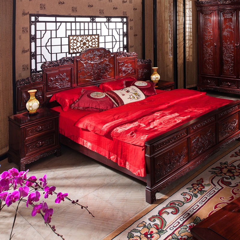 Minrefreshing Chinese Classical antique red wood furniture Rosewood Rosewood Wood Solid Wood Large Bed Wardrobe Bedroom Suite