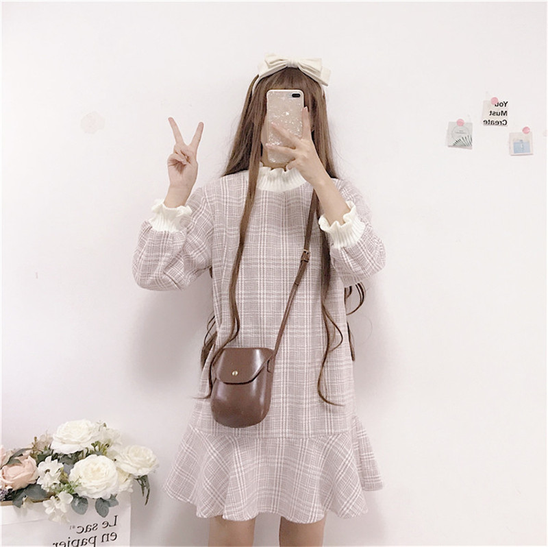 Thu đông 2018 Nữ sinh viên Nhật Bản nữ bằng gỗ cao eo dài tay áo eo eo váy váy váy 2 dây