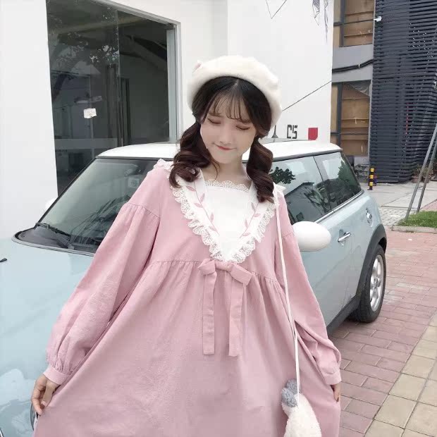 Xuân 2018 phụ nữ mới phiên bản Hàn Quốc của nữ sinh viên ngọt ngào Nhật Bản váy dễ thương thêu màu phù hợp 	váy hở eo đẹp