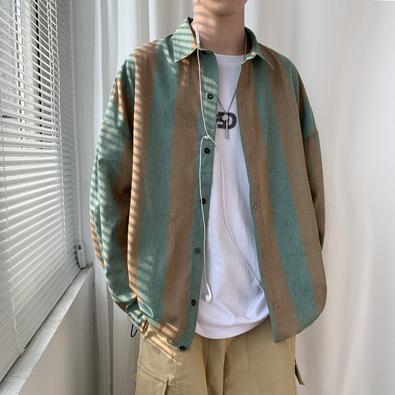 Fall 2021 New Shirts Men's Korean Version Loose Tide Long Sleeves Jacket Harbor Wind Stripe Collision Color Casual Lining