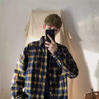 Spring and autumn new plaid shirt men's loose long-sleeved shirt Korean version of the trend handsome jacket men's casual top trend