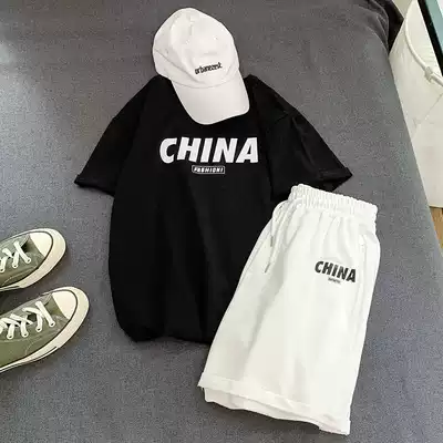 Summer printed short-sleeved men's loose T-shirt suit Korean fashion casual Joker shorts half-sleeved lovers tide