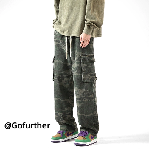 Камуфляжные демисезонные брендовые хлопковые штаны, свободный прямой крой, в американском стиле