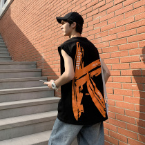 Waistcoat mens summer Korean new print T-shirt loose lazy hip hop harbor style trend handsome base shirt