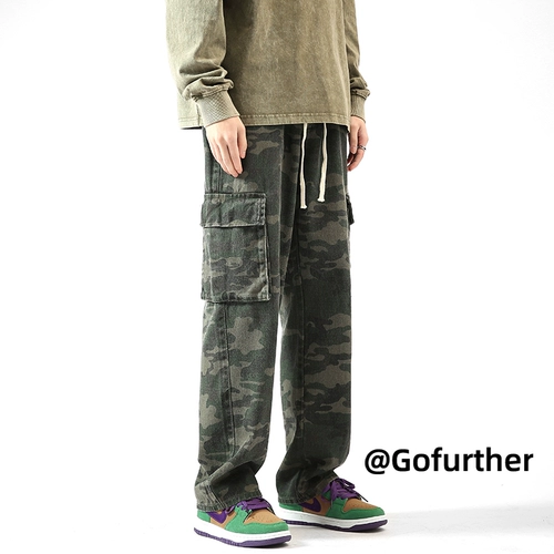 Камуфляжные демисезонные брендовые хлопковые штаны, свободный прямой крой, в американском стиле