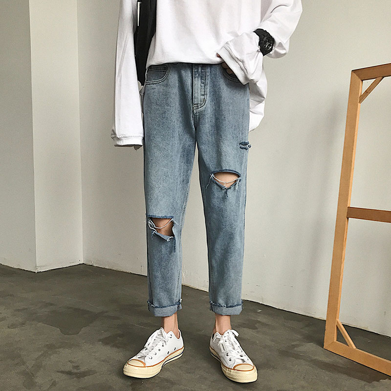 Spring and autumn ripped jeans men loose nine-point pants men's Korean version of the trend casual wild handsome denim pants