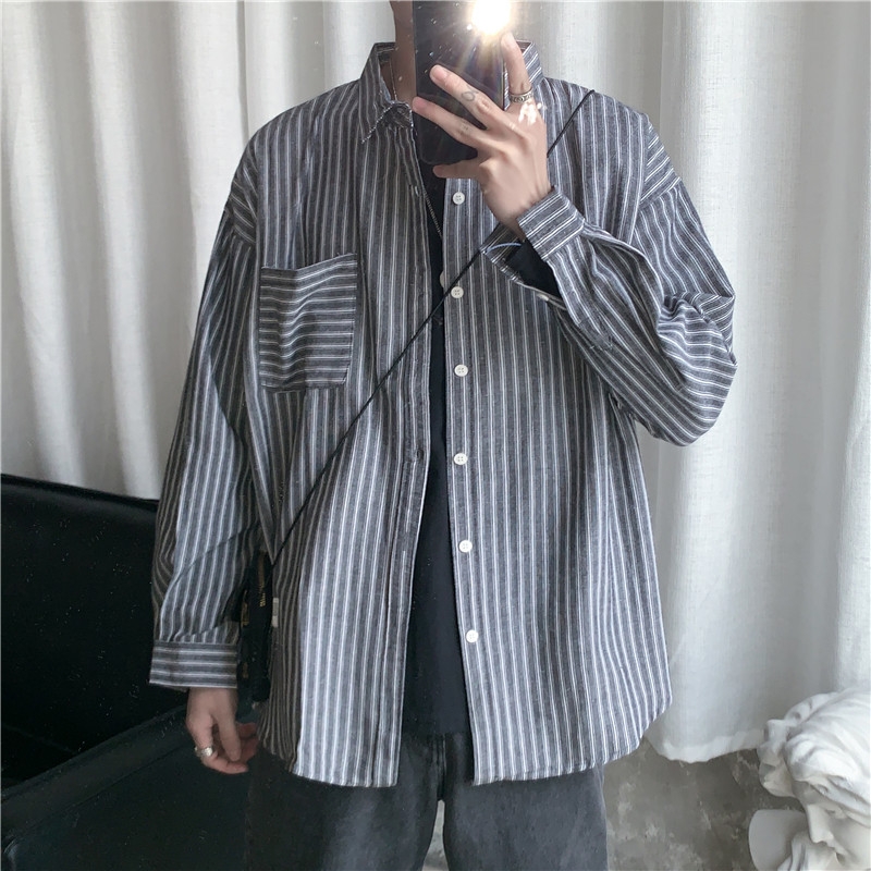 Shirt men's spring new ins trend handsome casual long-sleeved shirt men's lapel port wind striped jacket trend