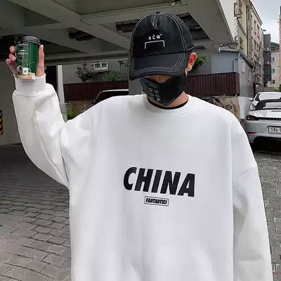 Sweater men's spring and autumn solid color printed loose top Men's ins trend Korean version of the student pullover jacket clothes trend