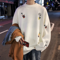 Autumn and winter embroidery sweater male Korean version of loose round neck knit sweater trend lazy wind and leisure hedge jacket and bottom shirt