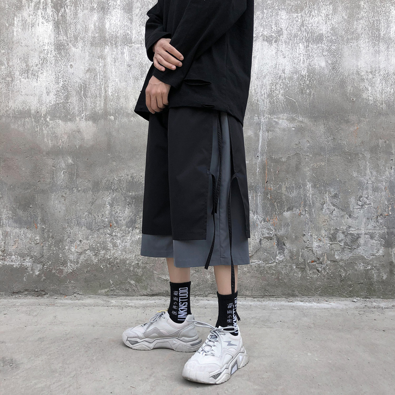 Summer trend shorts men's loose Korean style cropped pants color-blocking wide-leg hip-hop casual pants straight high street sports pants