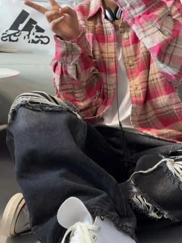 Американская ретро красивая клетчатая рубашка высокого класса в стиле хип-хоп с длинными рукавами