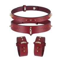 LEASHLab Rose original handmade thorns and spikes pattern black and red couple collar bracelet genuine leather set