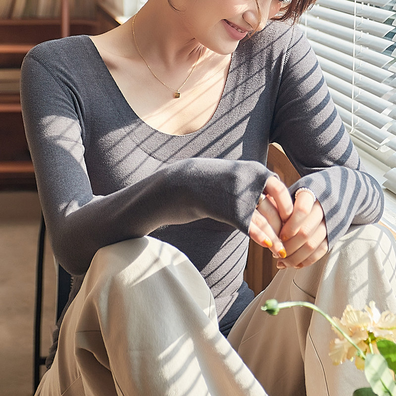 Pure color fever Warm Up Slim Round Collar Underwear Woman Inner Lap with chest cushion Low collar tight jacket Bottom Jersey Winter