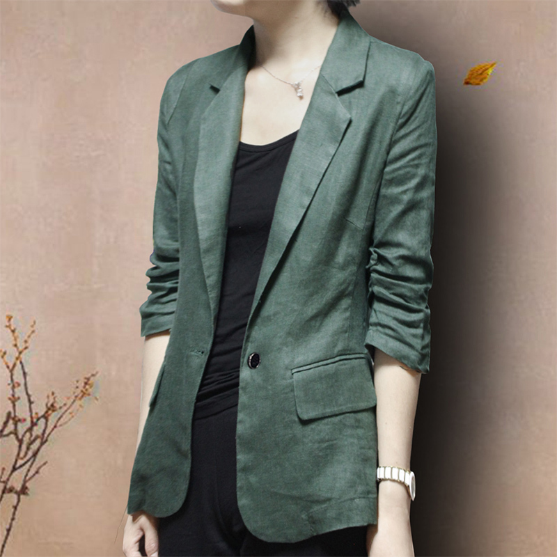 Cotton and Linen Blazer, Spring and Summer Thin Style, Slim Fit, Linen Suit, Three-Quarter Sleeves, Women's Plus Size Casual Top