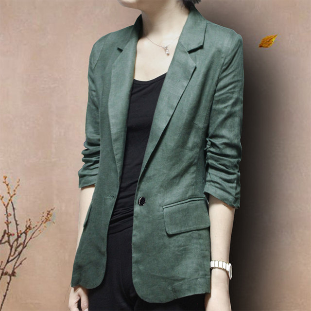 Cotton linen small suit jacket spring and summer thin section slim linen suit three-quarter sleeves women's plus size casual top