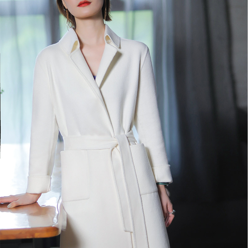 Sanskrit pure white wool coat woman 2021 autumn and winter new over knee long version high-end bifacial wool What to wear