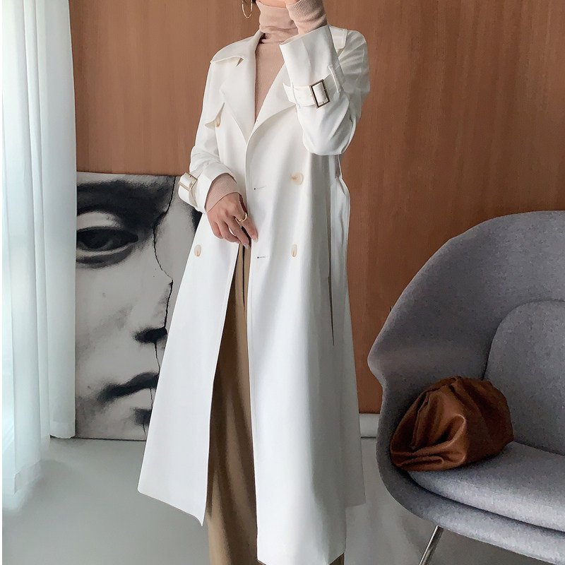 Sanskrit white windsuit woman with long version of knee 2021 autumn new Inn temperament overalls to collect waist jacket woman