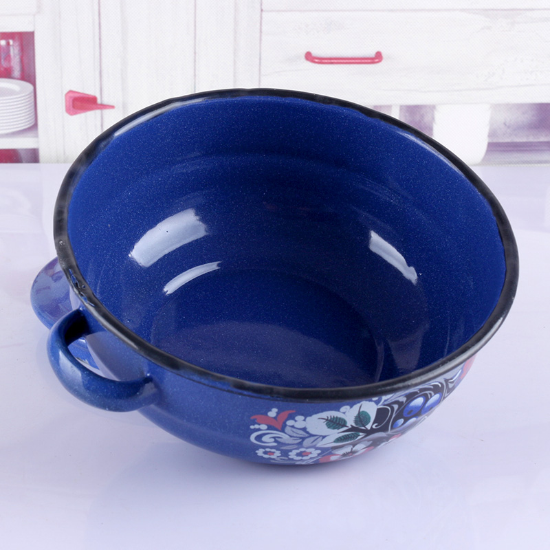 Thickened Enamel Bowl Soup Bowl Noodle Bowl Double Ear Bowl with Lid Curry Bowl Lard Basin Old-fashioned Enamel Porcelain Children's Supplementary Food Bowl