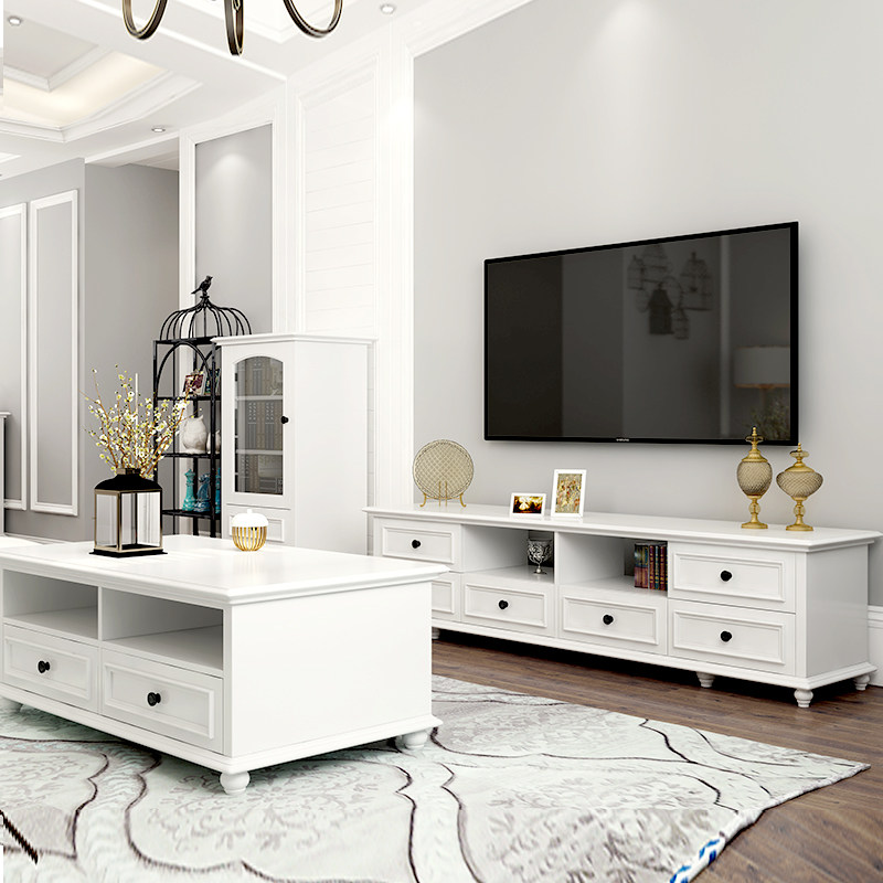 American solid wood TV cabinet white bedroom floor cabinet modern minimalist living room simple European TV cabinet coffee table combination set