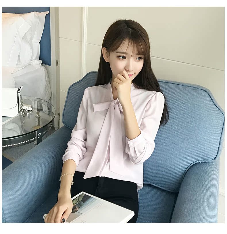 Áo sơ mi xuân hè 2019 mới dành cho nữ phiên bản Hàn Quốc của áo len lỏng tay áo voan nơ trắng tay dài - Áo sơ mi dài tay áo sơ mi nữ cổ trụ