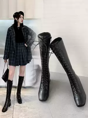 Long boots Women do not over the knee boots Long boots riding boots 2021 new autumn and winter lace flat square head riding boots high boots