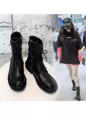 ANN net red with the same black boots women's 2020 new motorcycle boots flat lace-up thick-heeled booties Martin leather boots