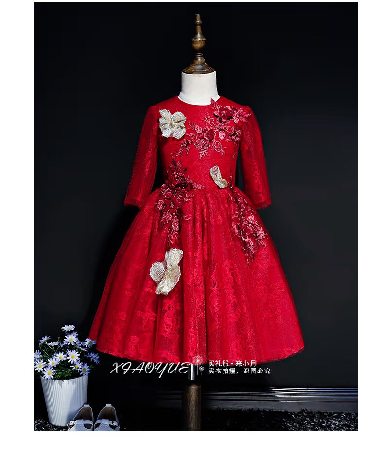 trẻ em cô gái váy đỏ công chúa váy dài tay sợi tutu mùa đông mùa cho trẻ em mô hình sàn catwalk trang phục sinh nhật vest đẹp cho bé trai
