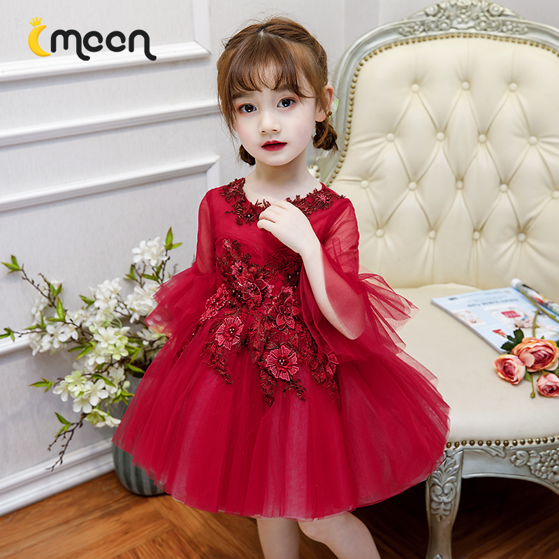 Children's foreign pie red little flower girl princess dresses summer baby birthday fluffy yarn superfairy starred in a small gown