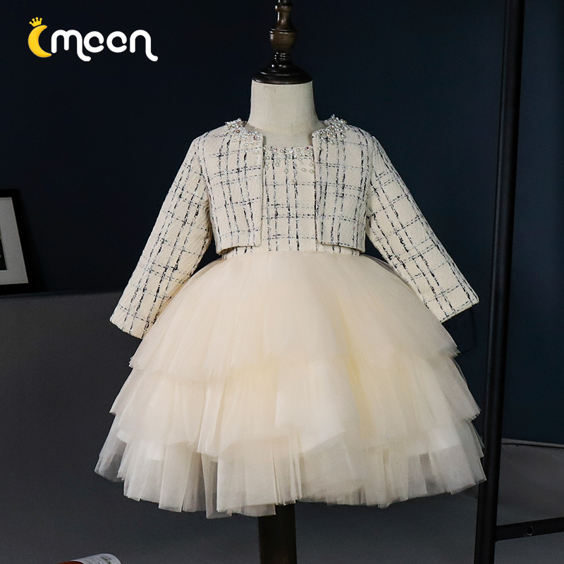 Girls' first birthday dress host foreign atmosphere flower child wedding winter thick sleeves one year old baby birthday princess dress