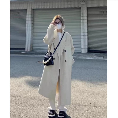 Длинное демисезонное шерстяное пальто, изысканный стиль, коллекция 2023, средней длины, увеличенная толщина