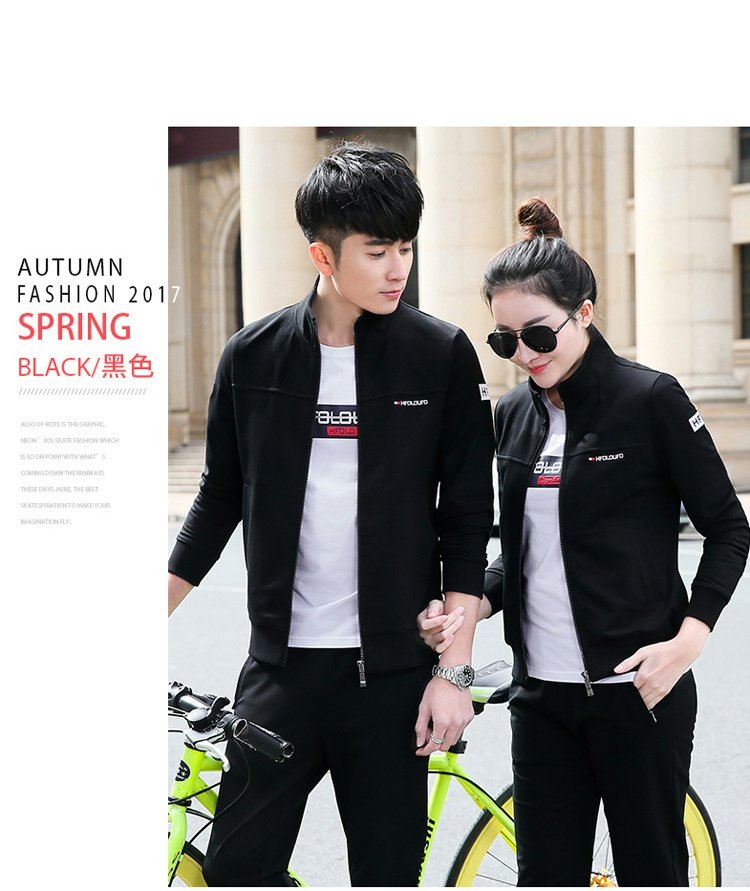 Cặp đôi set đồ xuân hè 2018 cổ áo mới đứng cổ áo dài tay nam nữ thể thao diện áo len cotton ba lỗ cỡ lớn giản dị bộ thể thao adidas nam chính hãng