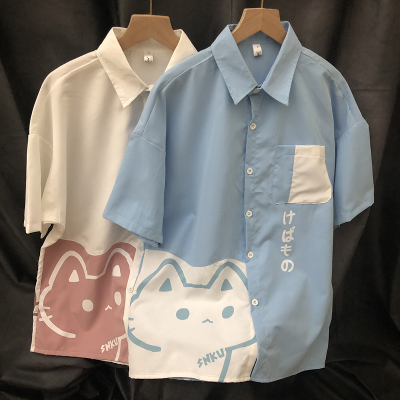 Japanese-Style Cute Anime Cartoon Cat Print Shirt, Unisex Short-Sleeved Summer Design Trendy Couple Shirt Japanese-Style Cute Anime Cartoon Cat Print Shirt, Unisex Short-Sleeved Summer Design Trendy Couple Shirt