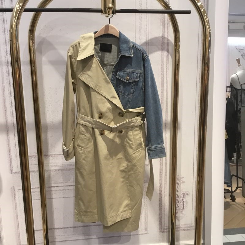 GHF MOCO 2018 mùa thu mới denim ve áo vành đai vành đai khâu áo gió phần dài dài tay áo nữ 109 áo khoác thể thao nữ