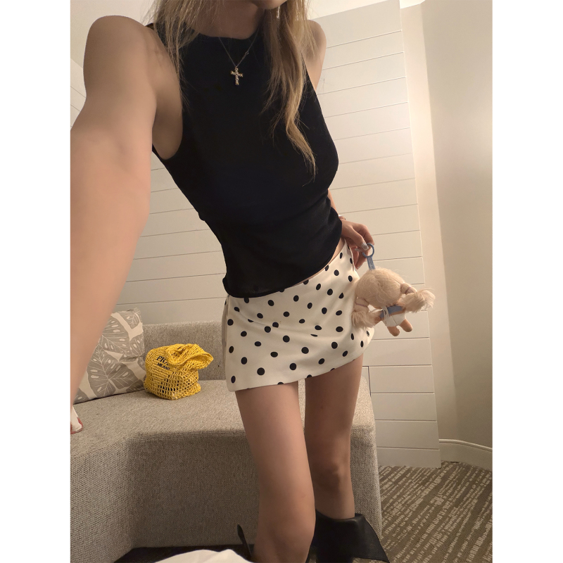 Xinlei Lin Parisian Dreams Polka Dot Fruit Green Satin Double-Layer Zipper Slit Skirt Pants