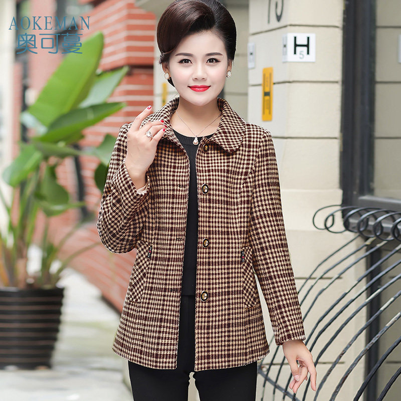 外套女2019新款中老年女装休闲格子棉上衣中年妈妈大码翻领单排扣