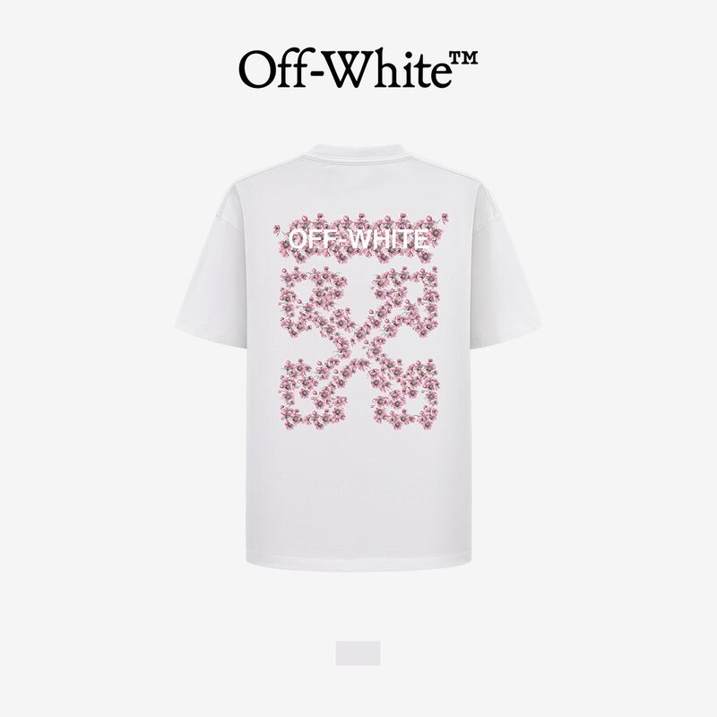 [Official Authentic Product] Off-White Short-Sleeved T-Shirt for Men and Women with Letter Arrow and Floral Print Couple's Loose Top